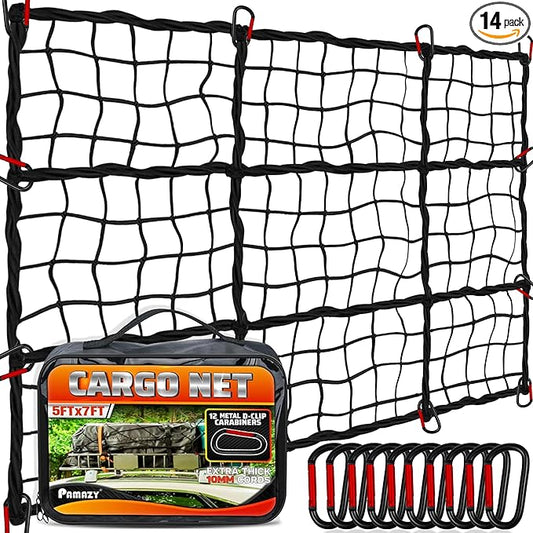 [Premium] 5'x7' Heavy Duty Cargo Net Stretches to 10' x 14', Extra Thick 10mm Cord Bungee Cargo Netting for Pickup Truck Bed, Roof Rack Net & 12 PCS Steel Carabiners | Extra Thick 10mm Cord Bungee Cargo Netting for Pickup Truck Bed, Roof Rack Net & 12 ...