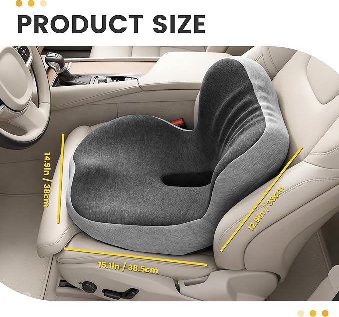 Urban Deco Memory Foam Seat Cushion for Office Chair, Sciatica Pain Relief Coccyx Cushion for Tailbone Pain, Orthopedic Gel Seat Cushion for Car, Non-Slip Bottom and Breathable Cover, Black & Grey