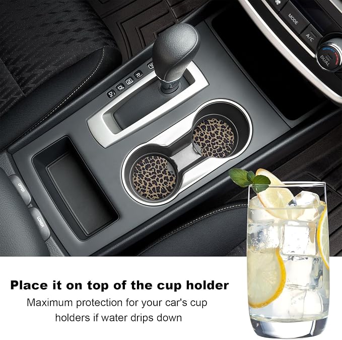 2PCS Car Cup Holder Coasters, Leopard Print Absorbent Rubber Insert Coaster with Finger Notch, Anti-Slip Drink Cup Mat Cute Vehicle Interior Accessories for Women Men (C2)