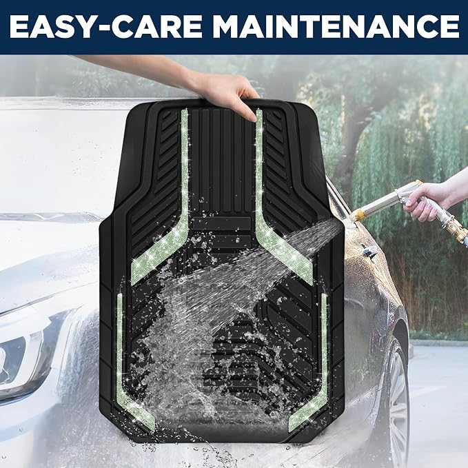 PIC AUTO Car Floor Mats, Green Sparkly Crystal Bling Glitter Car Mats Set, Front and Rear Heavy Duty Rubber Car Mats with Anti-Slip Backing, All Weather, Trim-to-Fit for Automotive SUVs, Sedan, Vans