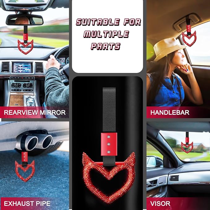 Fabbay Bling Car Accessories Bling Heart Handle Ring Car Accessory for Women Heart Hand Strap Drift Charm Rear Bumper Warning Ring Decor for Auto Bus Interior Exterior Decoration (Red, Devil Style)