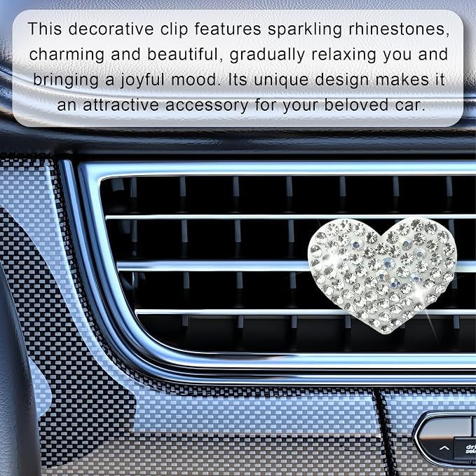 Bling Heart Rhinestone Air Vent Clips, 6 PCS Sparkling Crystal Heart Vent Clips Car Accessories Interior, Car Decorations for Women Girls Auto SUV (Silver)