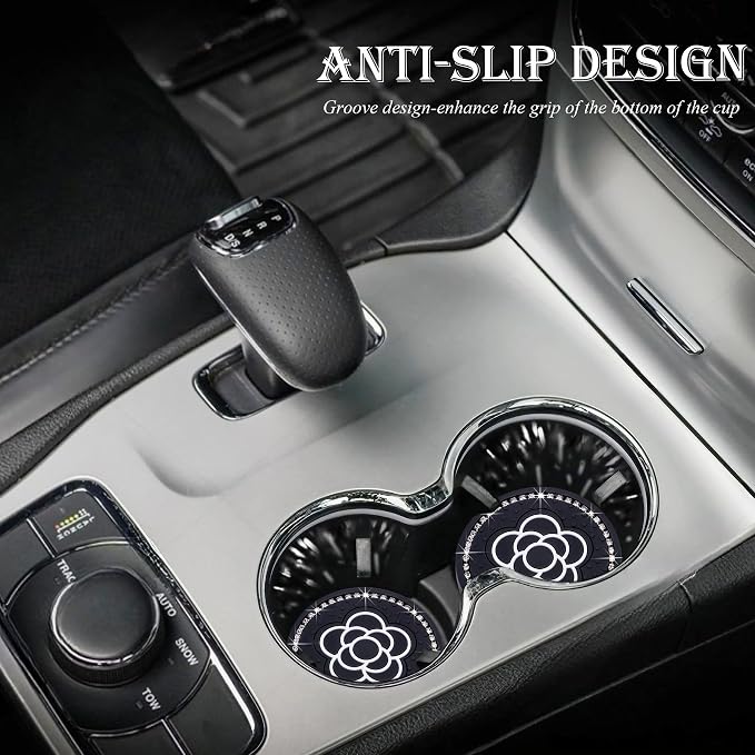 Bling Cup Coaster for Car – 2-Pack 2.75 Inch Silicone Holder Insert, Universal Fit, Anti-Slip & Durable, Decorative Car Accessories (Black Flower)