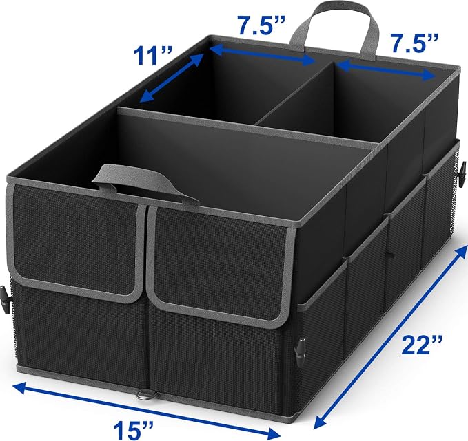 EPAuto Foldable Car Trunk Organizer for SUV, 3-Compartment, Black | with Removable Divider, Side Pockets and Securing Straps