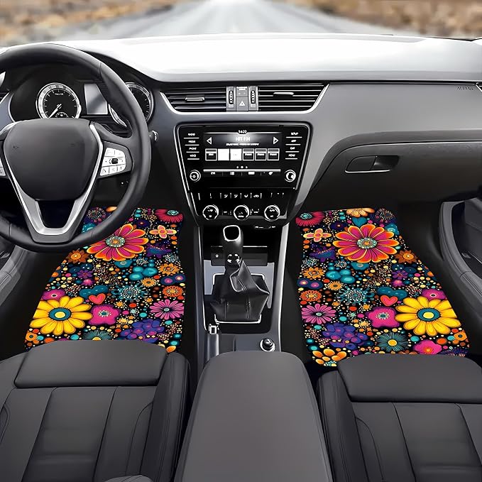 Universal Fit Car Floor Mats Set of 4Pcs, Colorful Petal Prints All-Weather Front Rear Car Carpet Mats, Non-Slip Car Floor Mat Car Accessories for Automotive Trucks SUV Sedans Vans
