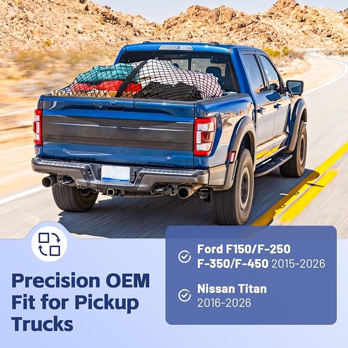 Cargo Net for Ford F150/F250/F350/F450 2015-2026, Nissan Titan 2016-2024 | Heavy Duty Truck Bed Organizer, Highly Elastic Tailgate Net with Carabiners, Weatherproof Mesh Cover with Attached Zipper Bag
