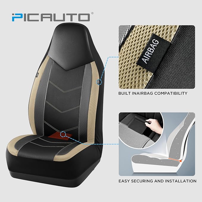 PIC AUTO Leather Car Seat Covers, Sports Carbon Fiber & Mesh Design, High-Back Full Set, Waterproof Automotive Seat Covers, Airbag Compatible, Universal Fit for Cars, SUVs, Trucks (Black & Beige)