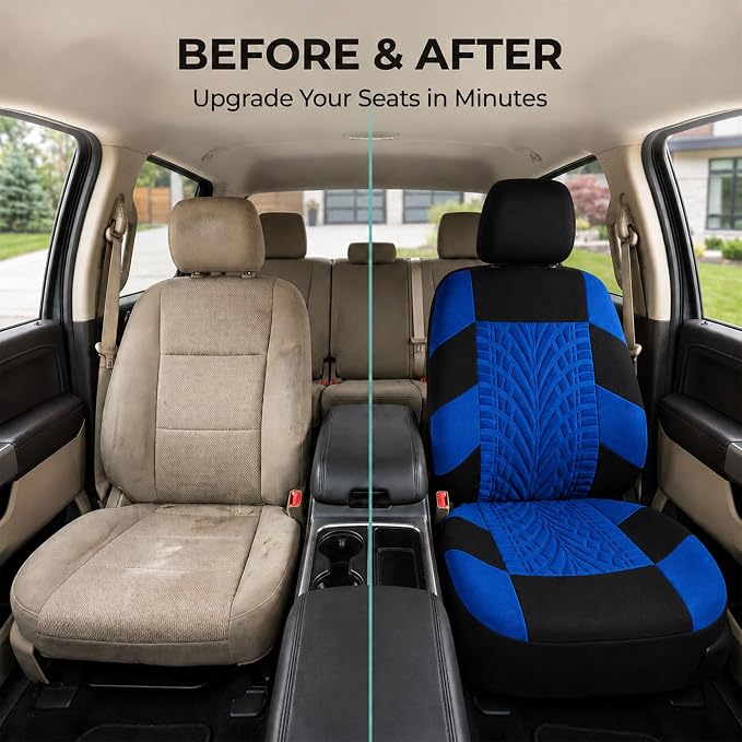 FH Group Front Set Travel Master Car Seat Covers - Covers for Low Back Car Seats with Removable Headrest, Universal Fit, Automotive Seat Cover, Airbag Compatible Car Seat Cover for SUV, Sedan Blue