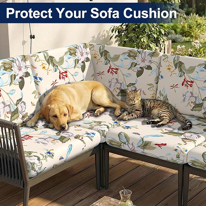 Smiry Waterproof Patio Cushion Covers, Stretch Outdoor Couch Slipcovers Replacement Washable Furniture Protector Sofa Chair Seat Cover for Dogs and Pets (8 Pcs, Beige and Green)