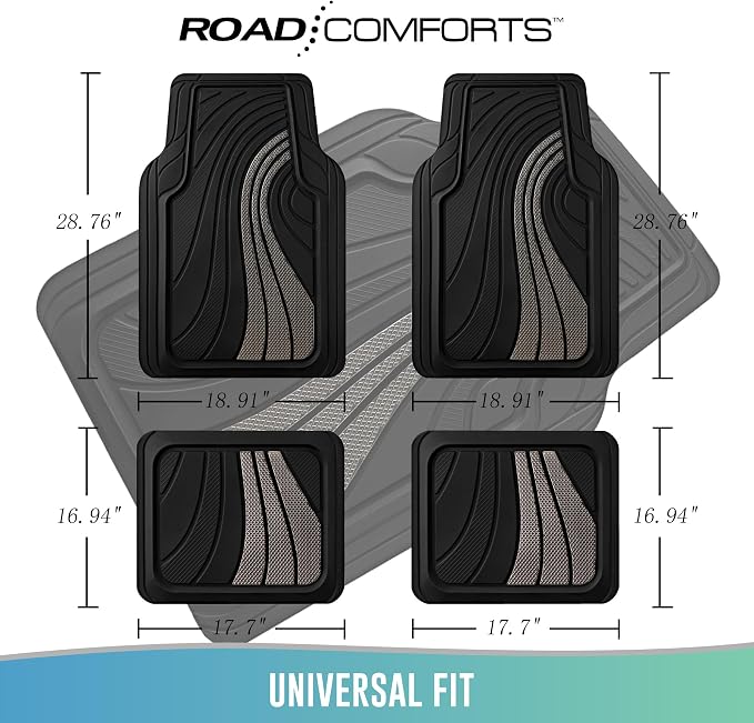 Road Comforts Car Floor Mats Full Set – Front & Rear Car Floor Mats with Aluminum Design, Anti-Slip Backing, All-Weather Protection, Trim-to-Fit Car Mats for Most Sedans, SUVs & Vans - Light Grey