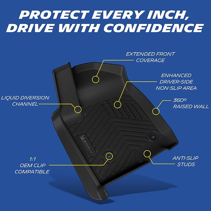 Michelin Vehicle Mats, All-Weather TPE Custom Fit Liner for 2019-2026 Silverado/Sierra 1500, 2020-2026 2500/3500, Crew Cab Bucket Seat Carpet Floor with Rear Under-Seat Storage, First Row, Premier A