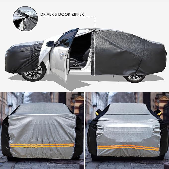 6 Layers Car Cover Waterproof All Weather Car Cover Waterproof All Weather, Outdoor Full Exterior Cover Rain Sun UV Snowproof Protection with Zipper Cotton for Sedan (196-210 inch)