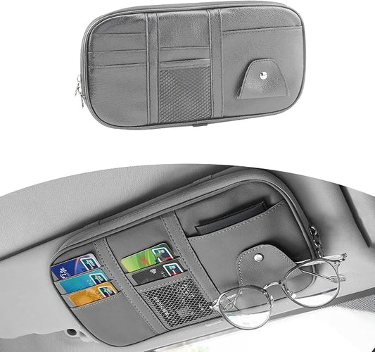 Car Sun Visor Organizer, Sunglass Holder and Storage Pocket, Card Cash Pouch with Multi-Pocket Net Zipper, Case Bag for License Pen Key, Auto Accessories for Truck, SUV, Van (Gray)