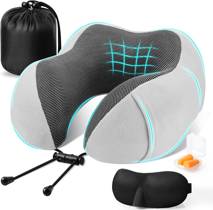 CloudBliss Travel Pillow for Plane, Memory Foam Neck Pillow for Traveling, Airplane Pillow with Eye Mask, Earplugs, Storage Bag, Compact Neck Pillow for Long Flight Sleep, Travel Essentials Light Grey