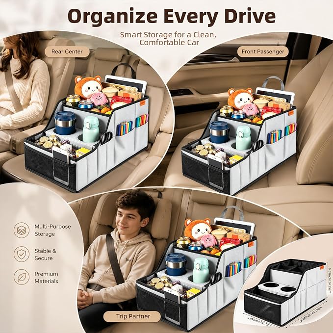 Car Seat Organizer Back Front Captains Seats Storage Travel | Car Organizer, Back Seat Car Organizer, Car Seat Organizer Front Seat – 9 Compartments, 2 Cup Holders – Foldable