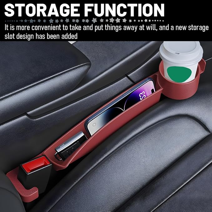 2PCS Car Seat Gap Filler Organizer with Cup Holder, Multifunctional Side Seat Crevice Blocker Plug with Storage Slot, No-Drop Auto Console Side Gap Stopper Organizer, Universal Fit (Red)