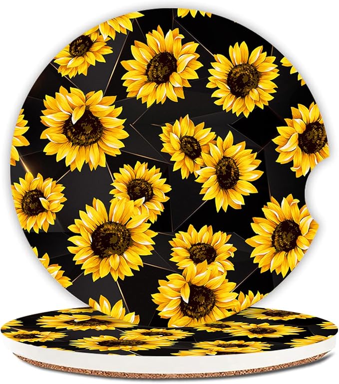 Sunflowers Absorbent Car Coasters 2 Pack for Cup Holders, 2.56" Ceramic Stone & Non-Scratch Cork Base Drink Coasters, Auto Accessories for Women & Men