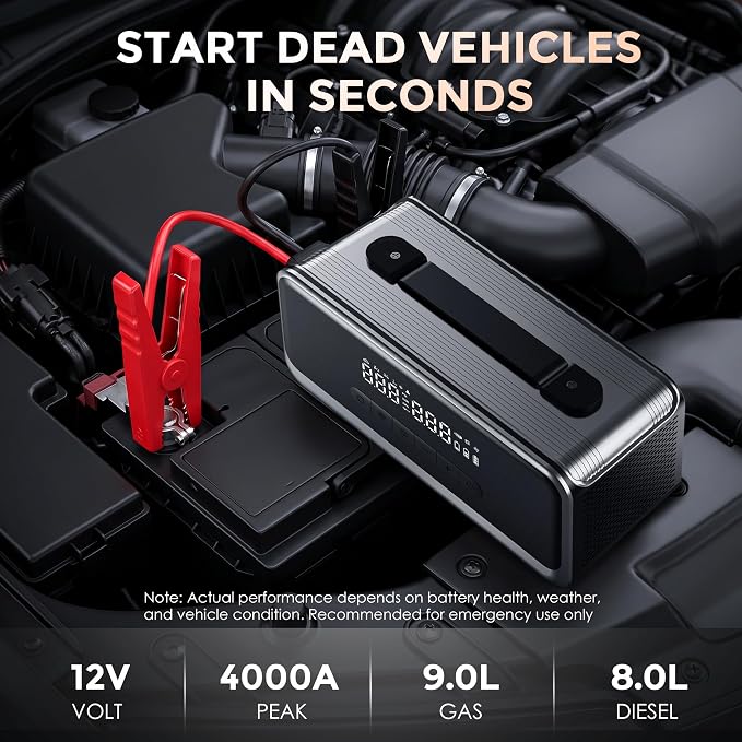 Jump Starter with Air Compressor Portable Car Battery Jump Box 4000A | 12V Lithium Car Battery Booster with Vacuuming & Blowing Cleaning, Up to 9.0L Gas and 8.0L Diesel Engines, Car Accessories