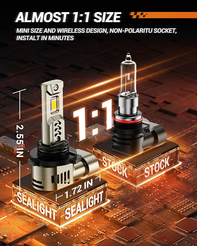 SEALIGHT 9006/HB4 LED Bulbs 1:1 Real Design, 10X Super Bright 90000LM 9006 Light Bulb, 6500K Cool White, 20 Year+ Extended Lifespan, 3 Min Plug and Play, Pack of 2