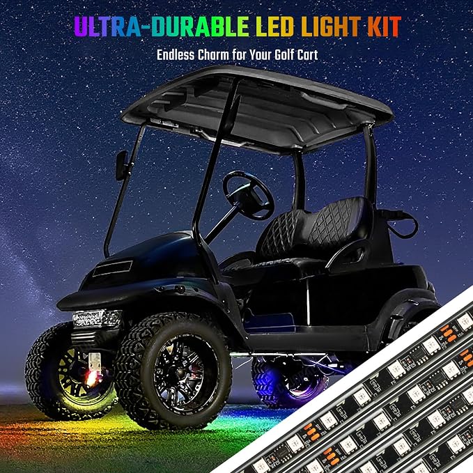 CLUBRALLY Golf Cart Underglow LED Light Strip Kit, 28 Modes Neon Underbody Glow, 12-85V, Music Sync, Wireless Remote Control, Universal for All Golf Carts, EZGO, Club Car, Yamaha, 4 Pack