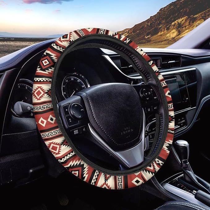 Wanyint Car Steering Wheel Cover Universal Fit SUV Truck Van, Anti-Skid Soft Stretchy All Weather Protection Auto Decor Accessories, Southwest Aztec Red Beige
