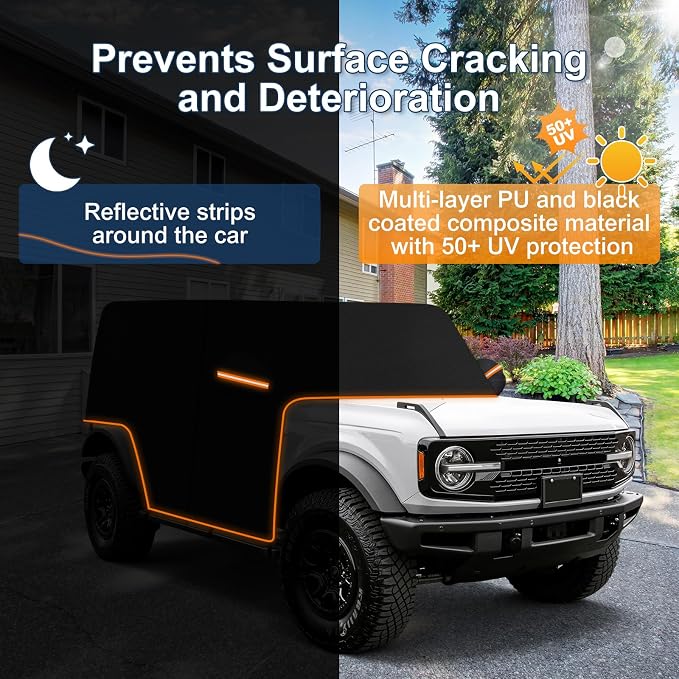 QUNSUNUS Bronco Cover 4 Door Cab Cover All Years,Waterproof Bronco Cab Cover with Cotton Liner, All Weather Half Car Rain Cover with Adjustable Straps and Zipper for Wind, Sun, UV and Dust Protection