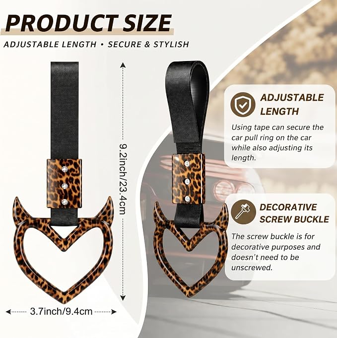 Fabbay Bling Car Accessories Bling Heart Handle Ring Car Accessory for Women Hearts Hand Strap Drift Charm Rear Bumper Warning Ring Decor for Auto Interior Exterior Decoration (Leopard,Devil Style)