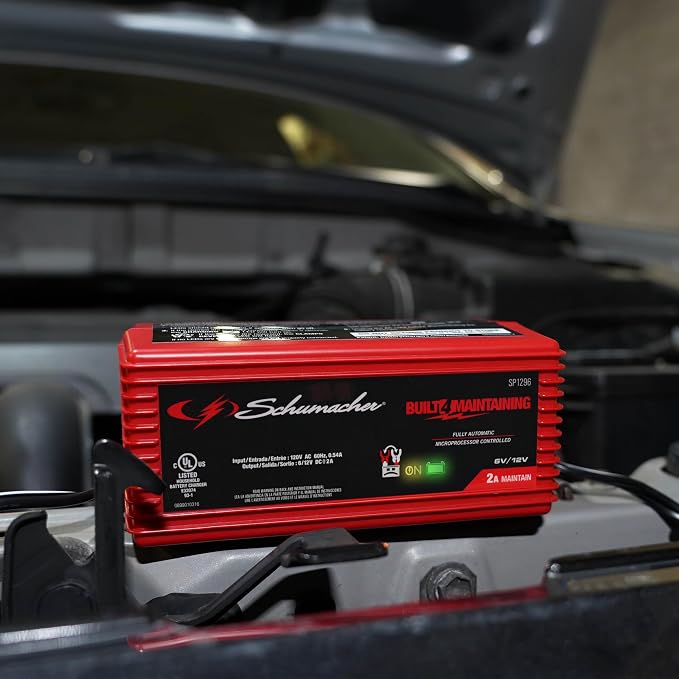 Schumacher Electric 2A Car Battery Charger and Maintainer, 3-in-1 Solution, for 6V/12V Power Sport, Automotive, and Marine Batteries, SP1296
