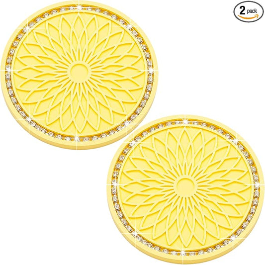 2PCS Bling Car Cup Holder Coasters, 2.75 Inch Silicone Anti-Slip Insert, Bling Shockproof Cup Mat for Women Girls, Universal Fit for Most Vehicles (Yellow & White)
