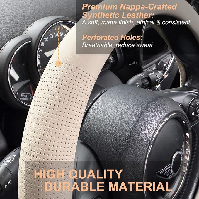 PINCTROT Large Size Nappa Leather Steering Wheel Cover, Slim Fit No Bulk Design, One Piece Leather with Breathable Perforation, Fit Like Gloves, 15.5-15.75 Inch(Nappa Beige)