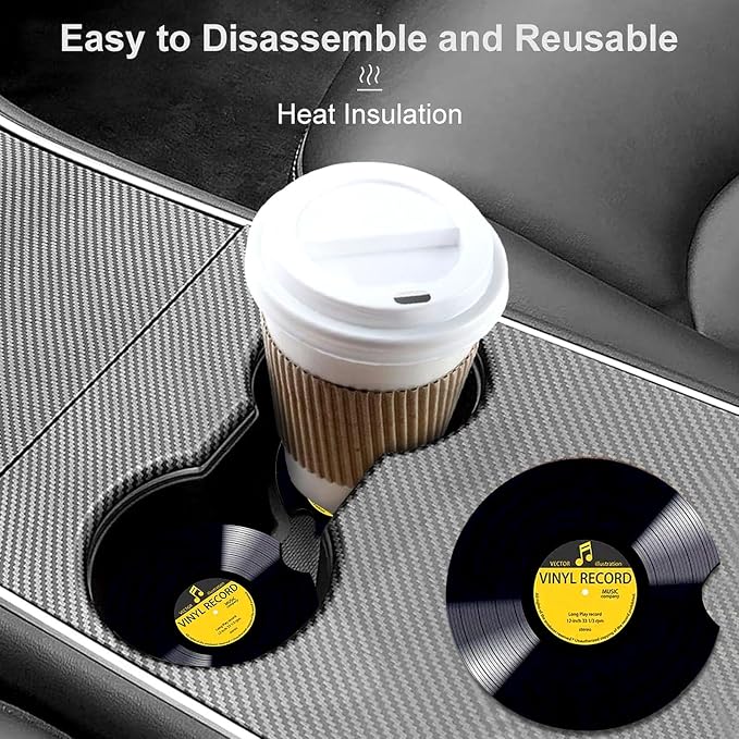 2 Pack Retro Vinyl Record Car Cup Holder Coasters Universal Neoprene Mat | 2.75" Universal Size Anti Slip Rubber Mat, Auto Cup Holder Accessories for SUV Truck, Retro Vinyl Record Gifts for Women Men