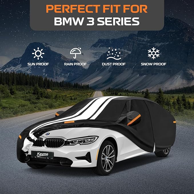Kayme Heavy Duty Car Cover Custom Fit for BMW 3 Series 320i 325i 328i 330i 335i (1982-2026), Outdoor Full Exterior Cover with Tape and Towel, Rain Snow Sun UV Protection.