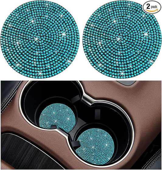 Ziciner 2PCS Bling Car Cup Holder Coaster, 2.73 Inch Anti-Slip Cup Insert Coasters, Crystal Rhinestone Auto Drink Cup Mat, Universal Interior Decor Car Accessories for Women Girls (Light Blue)