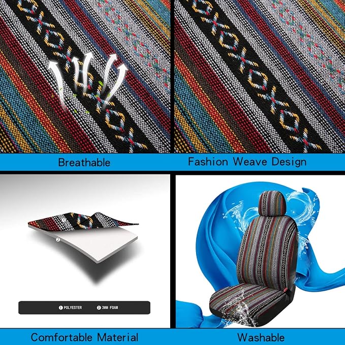 Baja Saddle Blanket Car Seat Covers 9PCS Full Set, Breathable and Washable Striped Woven Automotive Vehicle Seat Cover, Universal Seat Cover for Sedan, SUV, Truck, Airbag Compatible