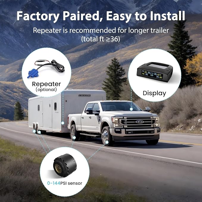 Tymate TM2 RV Tire Pressure Monitoring System, Tire Pressure Monitor with Solar Charge, TPMS with 4 Sensors(Max. 10) & 6 Alarm Modes, Color LCD Display, 0-144PSI for RV/Trailer/Truck/SUV/Fifth Wheel