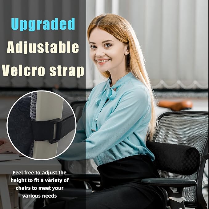 Coeyese Lumbar Roll Pillow for Lower Back Support, Black, Short-11 * 4.3'' | Removable Pillowcase, Upgraded Adjustable Strap, Suitable for Office, Chair, Car, Seat Pain Relief & Improving Posture