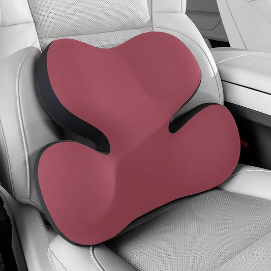 BEBAS Ergonomic Memory Foam Lumbar Support Pillow for Car, Red | Zoned Pressure Relief for Back Support, Lumbar Cushion with Fixed Ring, Breathable Washable Cover, Fits for Driving & Office