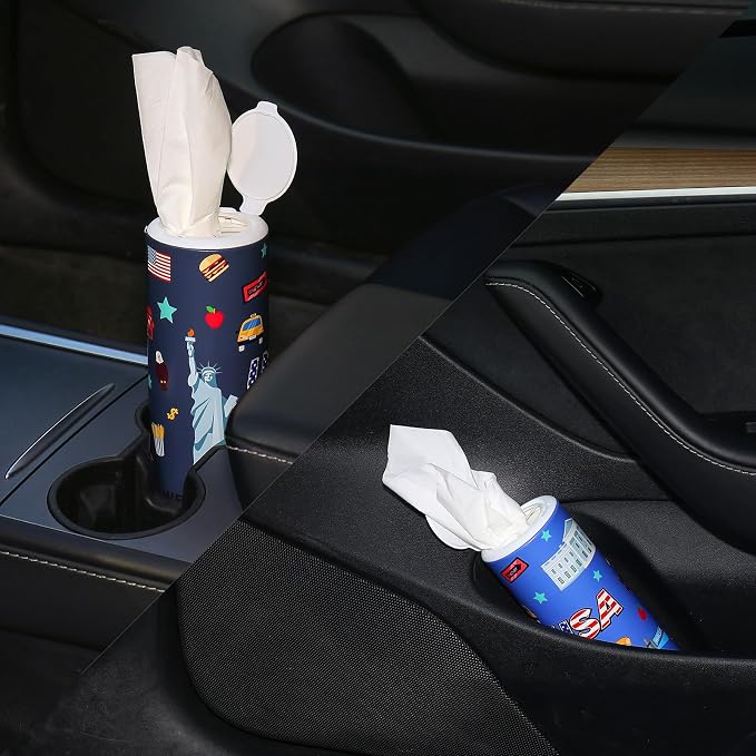 Carson Works Car Tissues Holder 4 Packs Round Car Tissues Cylinder Fit for Car Cup Holder, Home Small Tissue Dispenser with Refill Tissues for Car Bathroom Office