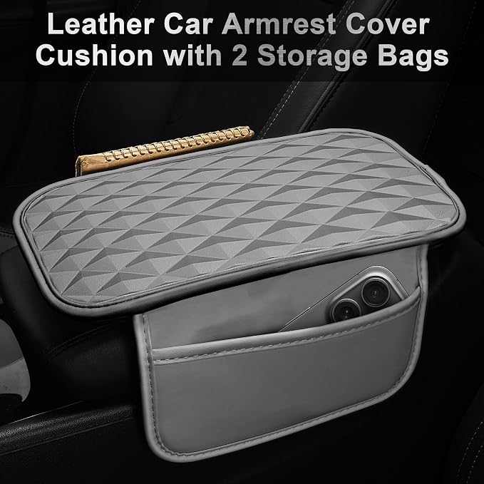 CAR PASS 3D Rhombus Memory Foam Leather Steering Wheel Cover Set, Comfortable Center Console Armrest Cushion Cover with Storage Bags Non-Slip Cup Coasters, 14.5-15in Car Interior Sets, 4 PCS All Gray