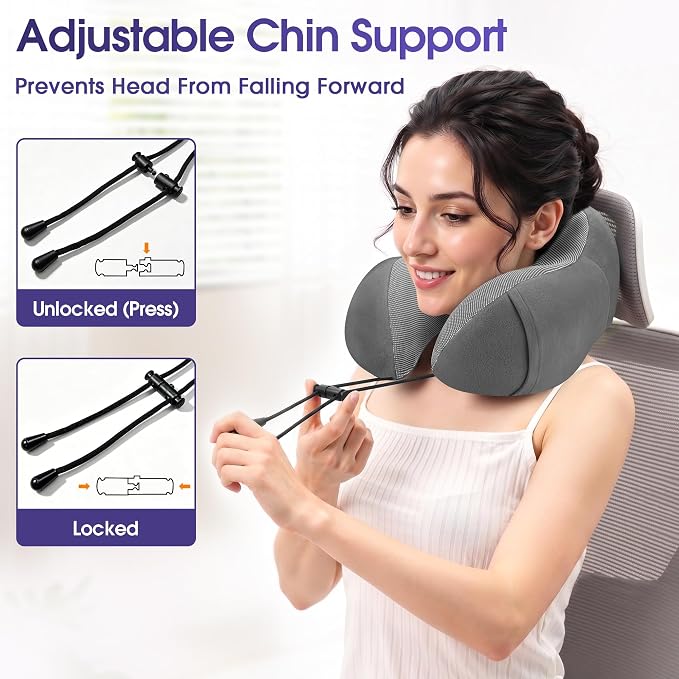 CloudBliss Travel Pillows for Airplane, Memory Foam Neck Pillows for Travel, Compact Neck Pillow for Long Flight, Car & Office, Plane Accessories with Eye Mask, Earplugs, Carry Bag, Black & Dark Grey