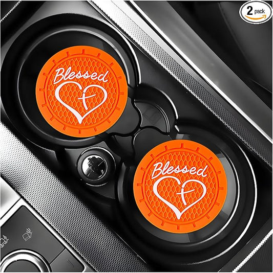 KVAEY 2 PCS Car Cup Holder Coasters, 2.76 Inch Anti Slip Vehicle Drink Mats with Cute Blessed Cross and Heart, Shockproof, Universal Car Accessories (Orange, 2 PCS)