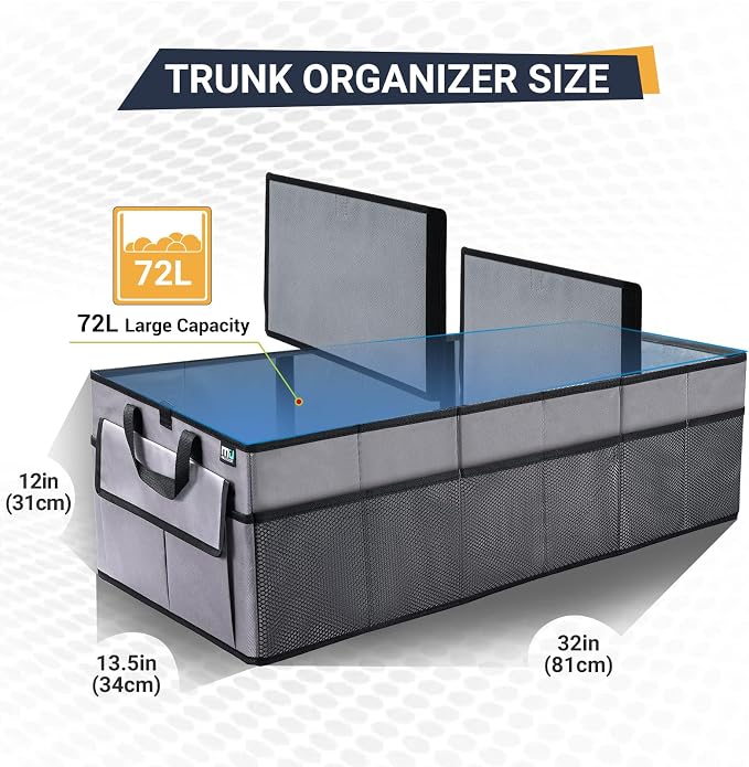MIU COLOR Trunk Organizer for Car, 12 Pockets Sturdy Car Organizer for SUV, Non-Slip Bottom, Oxford Storage Organizer for Sedan, Van, Jeep, Grocery, Large 3 Compartments, Silver Gray 31.9"×12.6"×10.6"