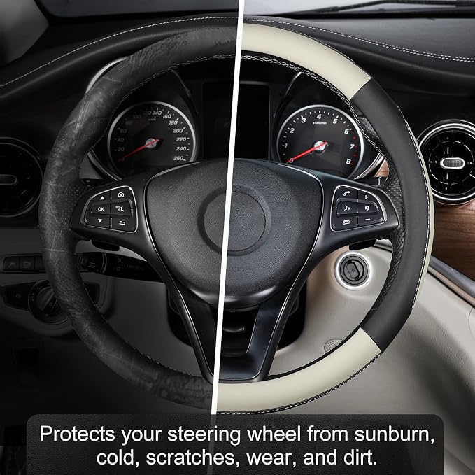 SEG Direct Car Steering Wheel Cover for Medium Standard Size Steering Wheels with 14 1/2-15 inches Outer Diameter, Black and Gray Microfiber Leather