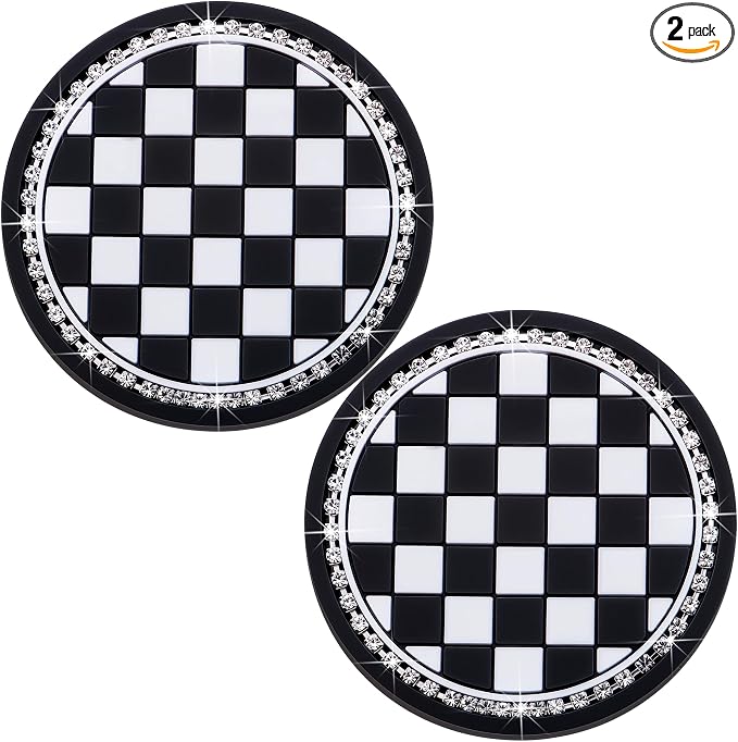 2PCS Car Cup Holder Coasters – Sparkly Bling Design, 2.75 Inch Silicone Insert, Anti-Slip & Shockproof, Fits Most Vehicles (Checkerboard)