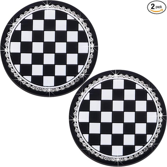 2PCS Car Cup Holder Coasters – Sparkly Bling Design, 2.75 Inch Silicone Insert, Anti-Slip & Shockproof, Fits Most Vehicles (Checkerboard)