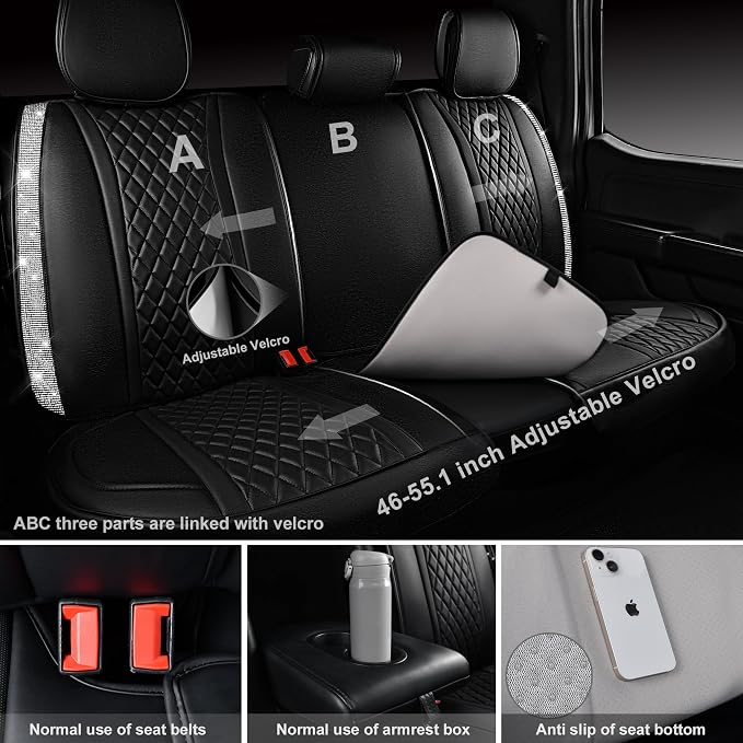 CAR PASS Bling Leather Car Seat Covers & Black Nappa Leather Calfskin Seat Cushioned Protector, Waterproof Anti-Slip Universal Fit SUV Truck Sedan, Glitter Sparkly Shining Rhinestone, Silver Diamond