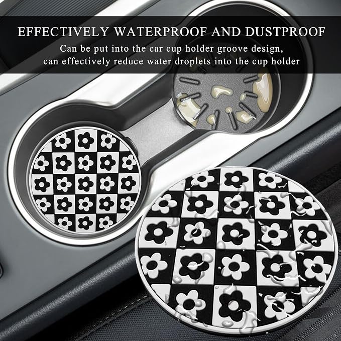 DXNQ 4 PCS Car Cup Coasters, 2.76 Inch Anti-Slip Checkered Vehicle Cup Holder Insert Coasters, Auto White & Black Drink Cup Mats for Front Console Cup Holders, Car Accessories (Flower)