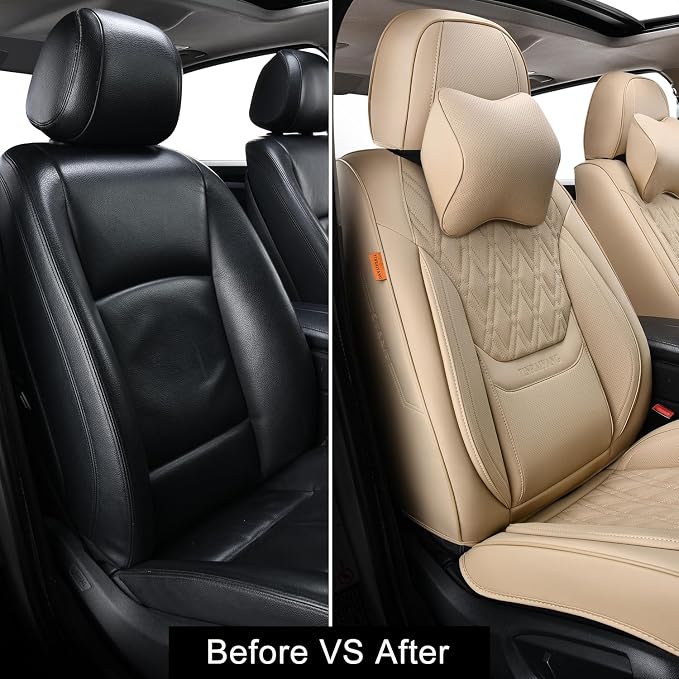 Car Seat Covers Front Pair, Breathable Leather Automotive Front Seat Covers with Headrest, Universal Automotive Vehicle Seat Cover for Most Sedan SUV Pick-up Trucks, Beige