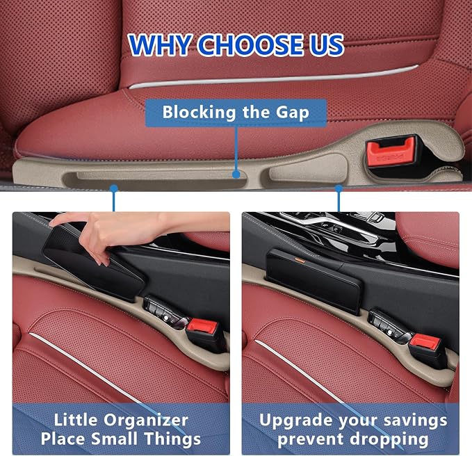 Car Seat Gap Filler Organizer 2Pcs,Car Accessories with Safety Hammer,2 in 1 No Drop Seat Guard with Storage Slot for Phone,Keys,Universal Interior Gap Filler for Cars SUV Truck,Beige