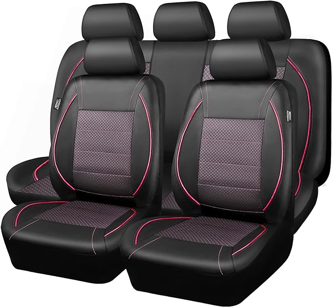 CAR PASS Piping PU Leather Car Seat Cover Full Set,Inside Zipper Design and Reserved Opening Holes，Airbag Compatible,Universal FIT for Car, SUVs,Van,Trucks（Full Set, Black & Pink）